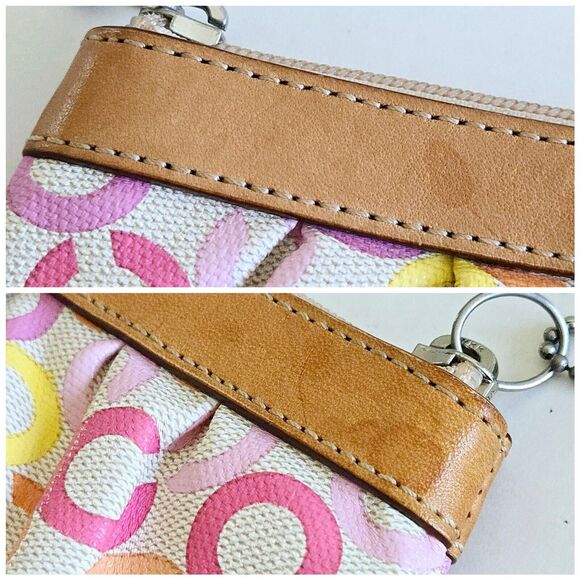 Coach Wristlet Pink Op Art Signature Zip Clutch Vachetta Leather Trim Retro Y2K - Picture 12 of 12